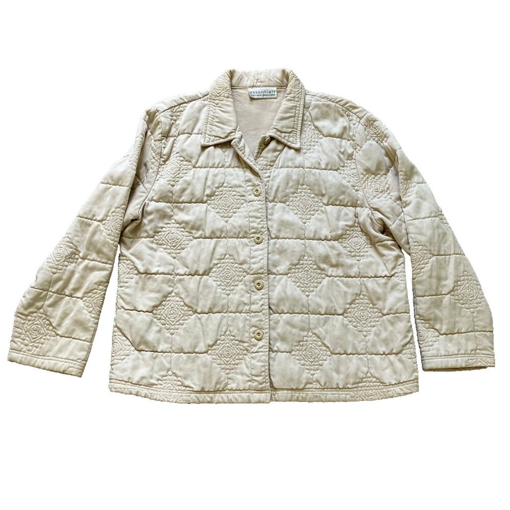 Essentials Quilted Chore Coat Jacket Neutral Beige Embroidered Cotton Plus Size